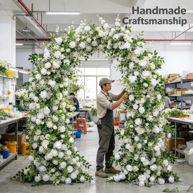 Artisan Adjusting Flower Balance on White Crescent Moon Gate Arch