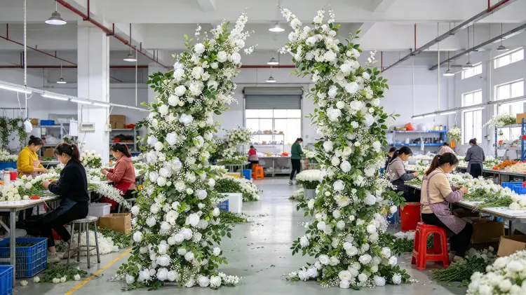 Factory Workers Hand-Tying White Crescent Arch Balance Check Production Line