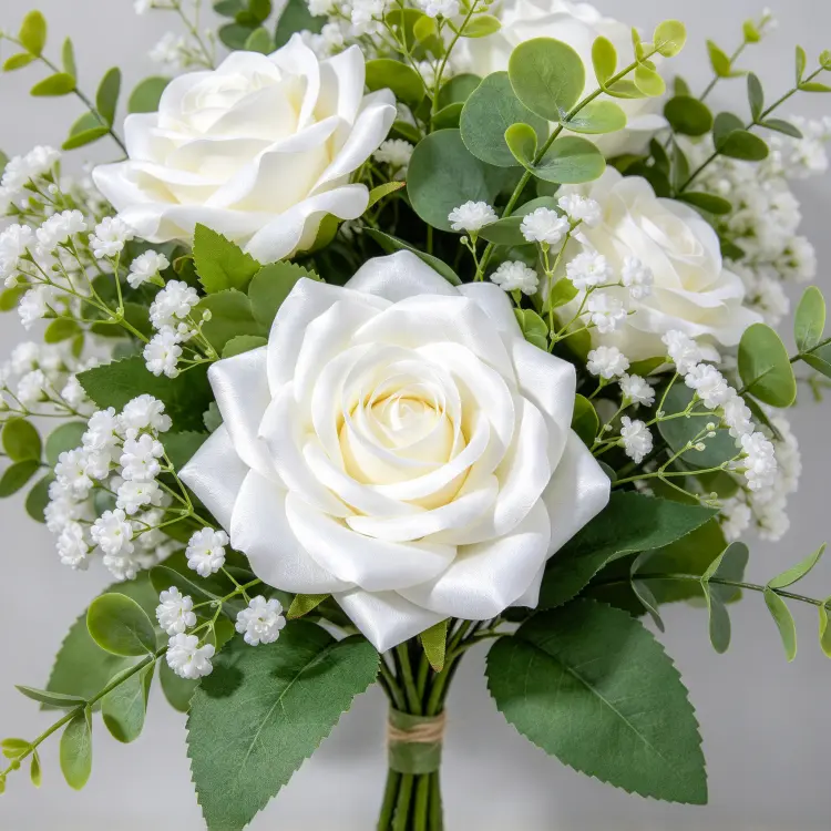 Close-up Detail of White Crescent Arch Roses Peonies Baby's Breath and Eucalyptus