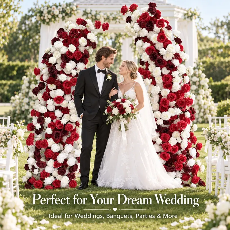 Red White Crescent Flower Arch – Moon Gate Wedding Arch