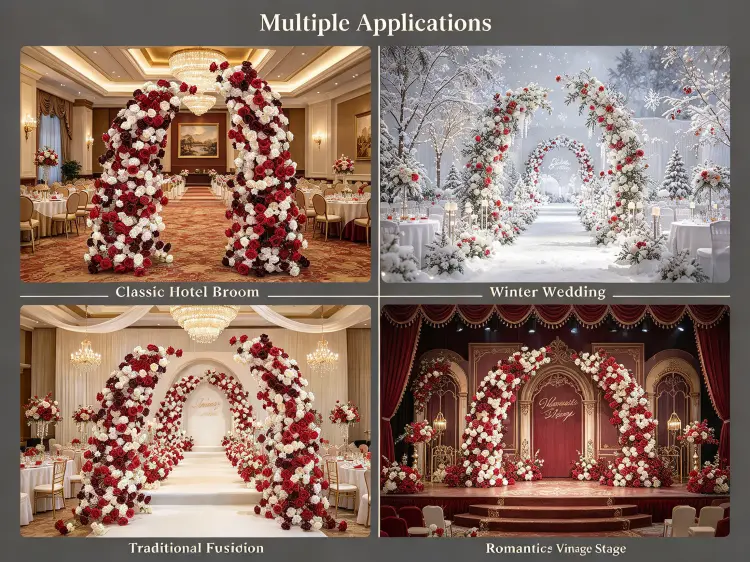 Red White Crescent Arch in Classic Ballroom Winter Traditional Wedding Settings