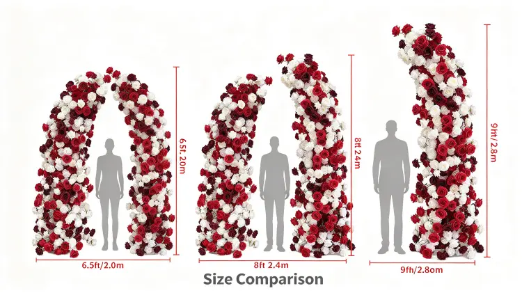 Red White Crescent Arch Size Comparison 2.0m 2.4m 2.8m with Person