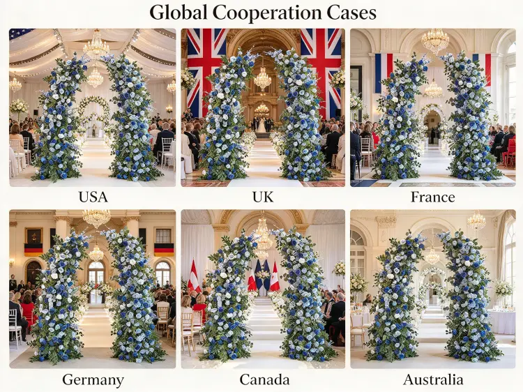 Global Blue White Crescent Arch Wedding Projects in USA Europe Coastal Ceremonies