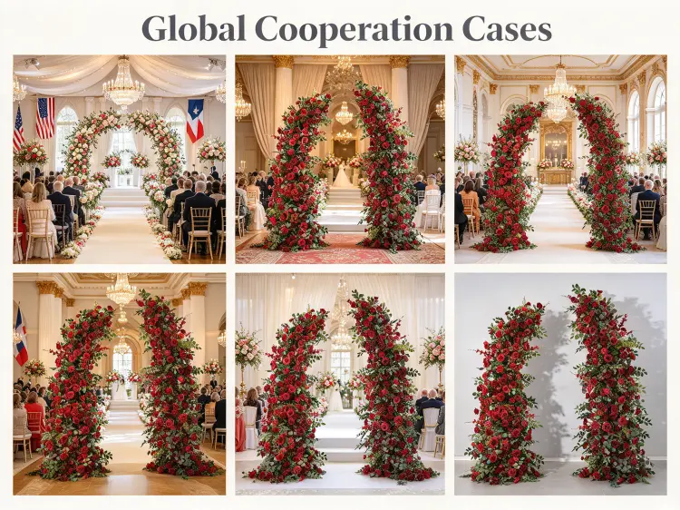 Global Deep Red Crescent Arch Wedding Projects in USA Europe Winter Ceremonies