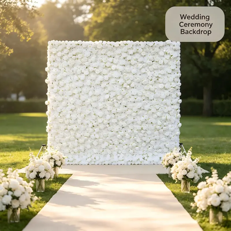 White Flower Wall Decor – Artificial Flower Wall Backdrop with Stand