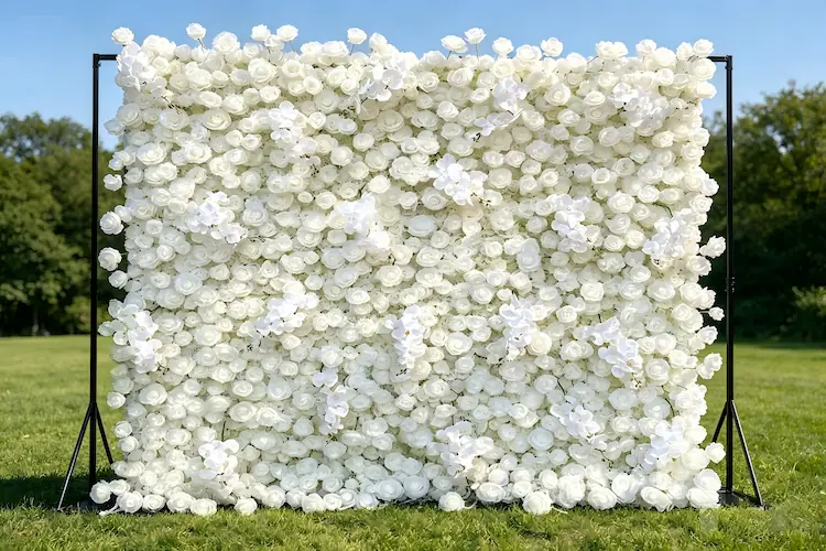 white flower wall backdrop with stand wedding ceremony
