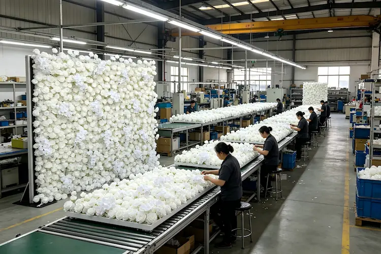 white flower wall backdrop factory production line