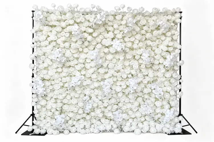 white flower wall backdrop with stand complete set front view