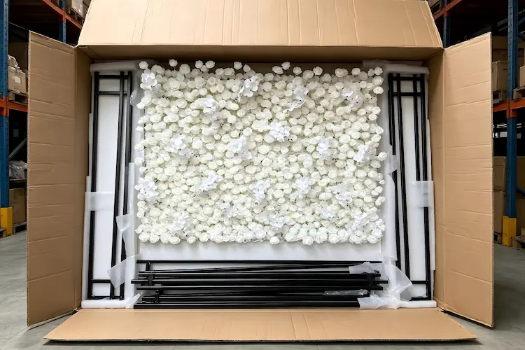 white flower wall with stand packaging in carton for shipping