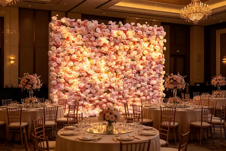 pink flower wall hotel banquet hall wedding reception