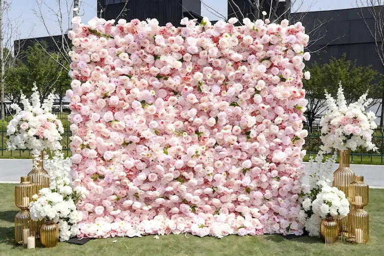 pink flower wall with white floral decor color combination