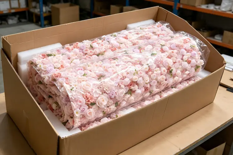 pink artificial flower wall packaging in carton for shipping
