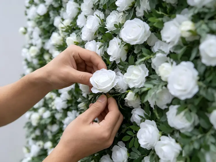 artisan handcrafting roll up flower wall backdrop
