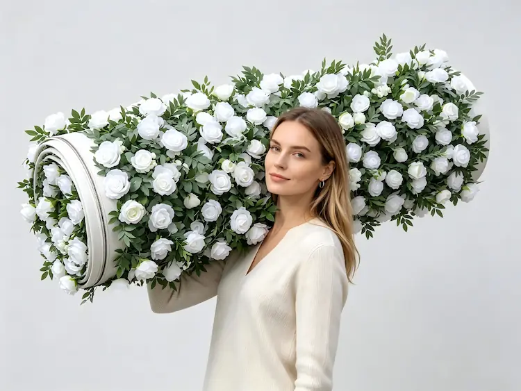 one person carrying rolled portable flower wall