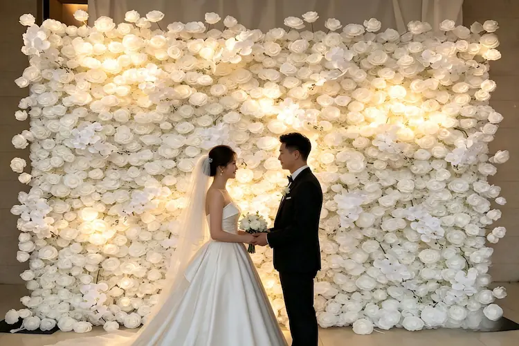 silk flower wall backdrop wedding ceremony elegant decor