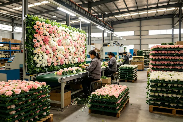silk flower wall backdrop factory production line
