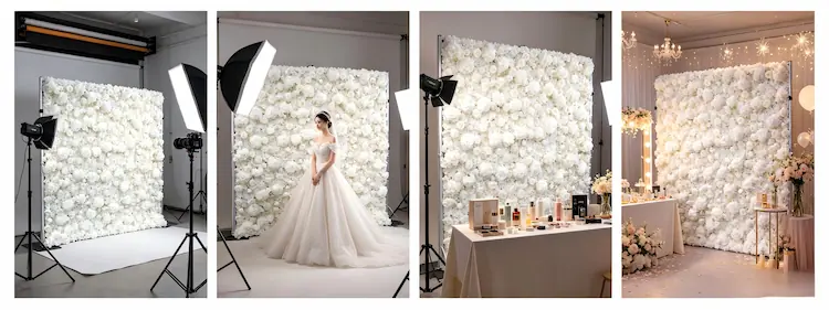 white floral backdrop multiple scenes studio wedding product rental