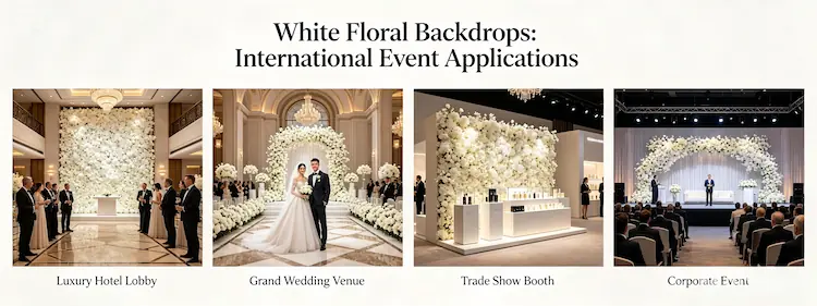 international event cases using XIBO white floral backdrops