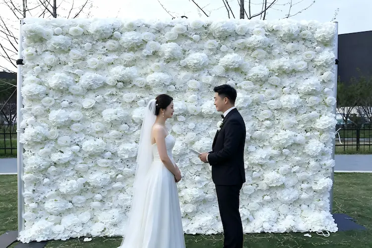 white floral backdrop wedding ceremony altar elegant