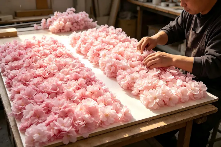 artisan handcrafting sakura pink flower wall