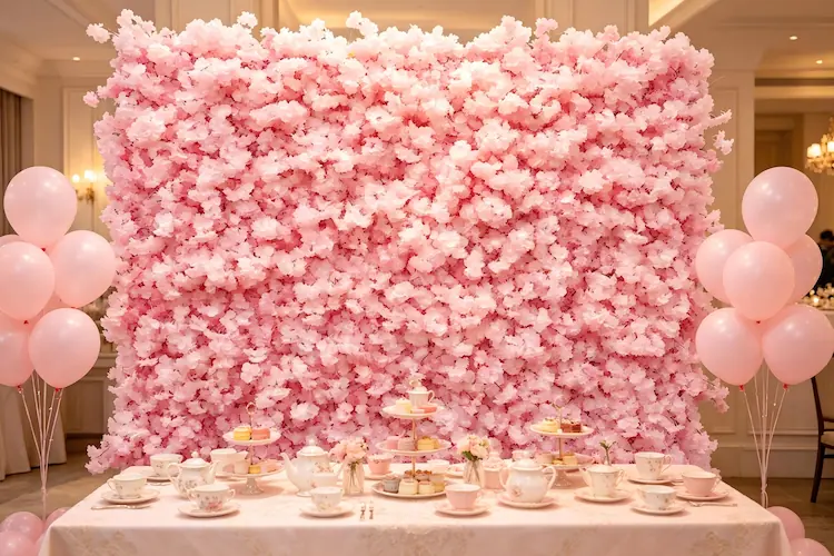 sakura pink flower wall bridal shower party elegant