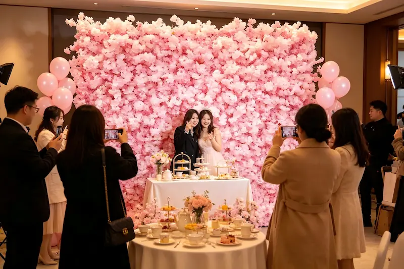 sakura pink flower wall bridal shower party elegant