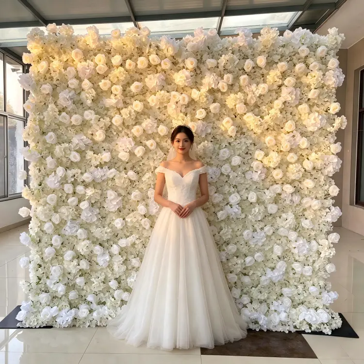 white silk flower wall 8x8ft roll up backdrop wedding ceremony
