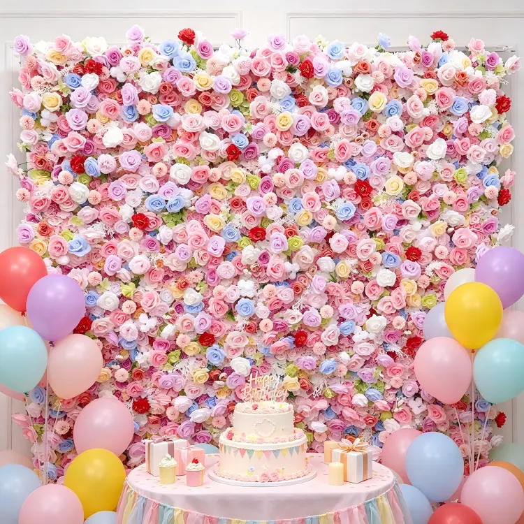 colorful mixed flower wall birthday party backdrop