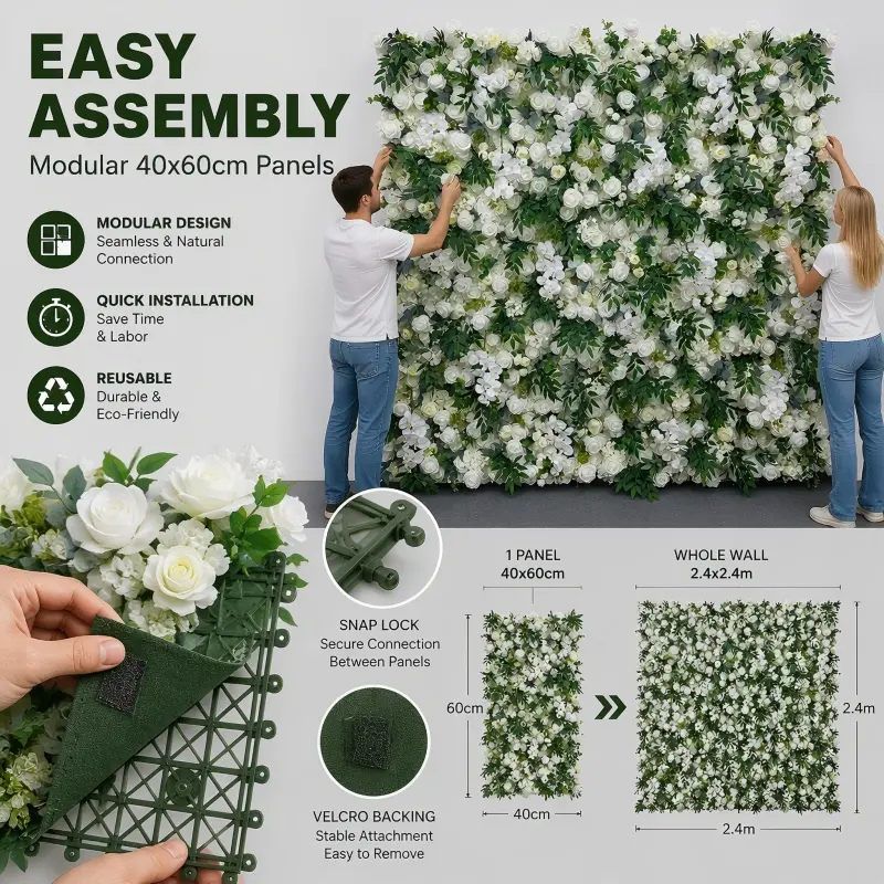 White Green Flower Wall Panel – Artificial Greenery Wall Backdrop