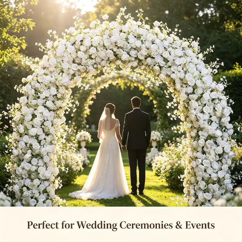 White Flower Arch – Premium Rose Floral Arch with Metal Stand for Wedding Ceremony