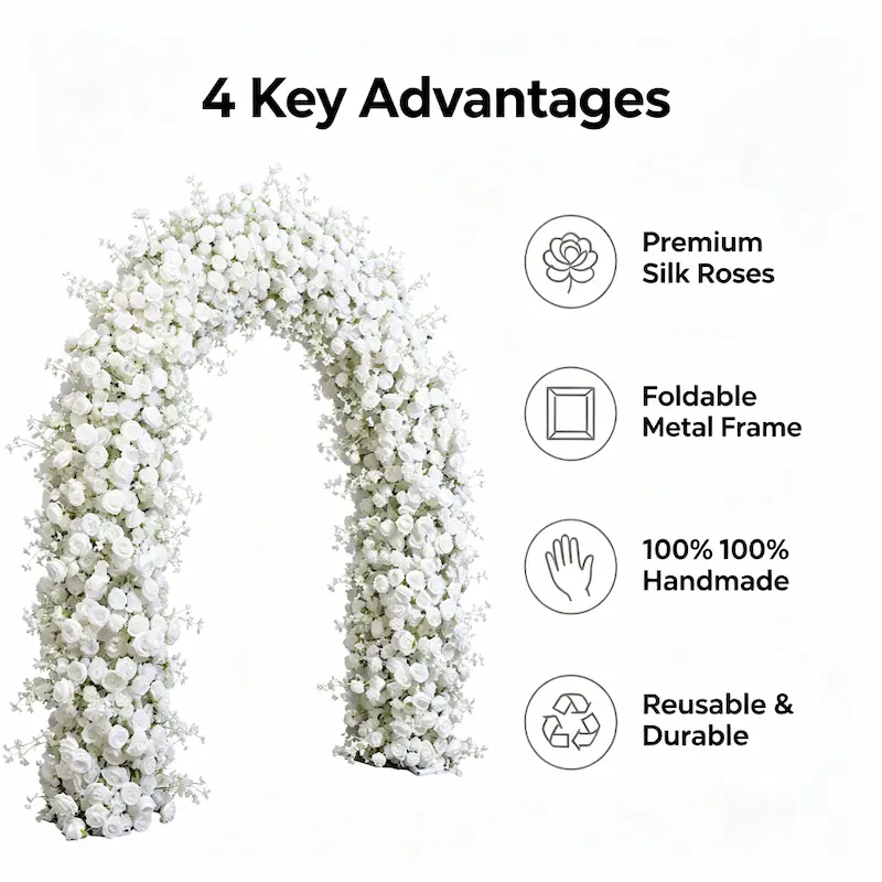White Flower Arch – Premium Rose Floral Arch with Metal Stand for Wedding Ceremony
