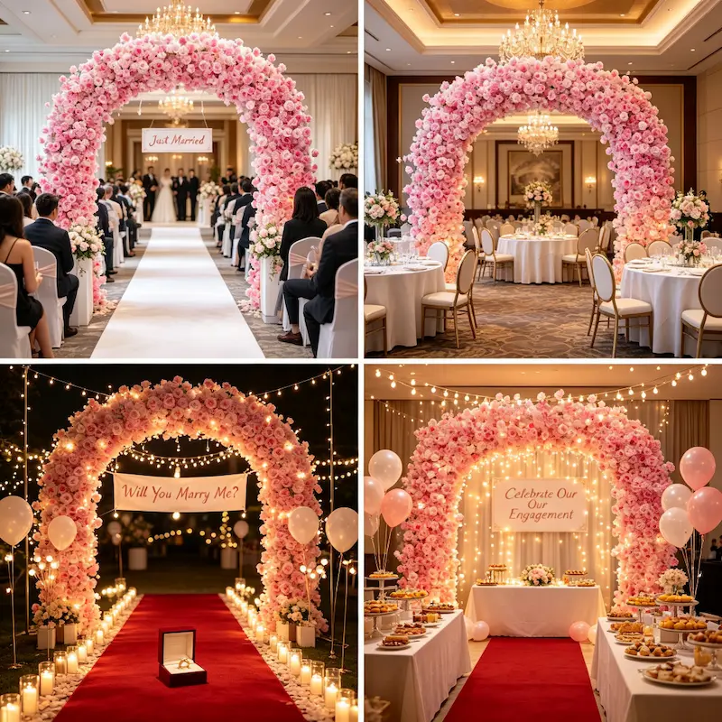 Pink Rose Flower Arch – Premium Gradient Floral Arch with Metal Stand for Wedding Ceremony