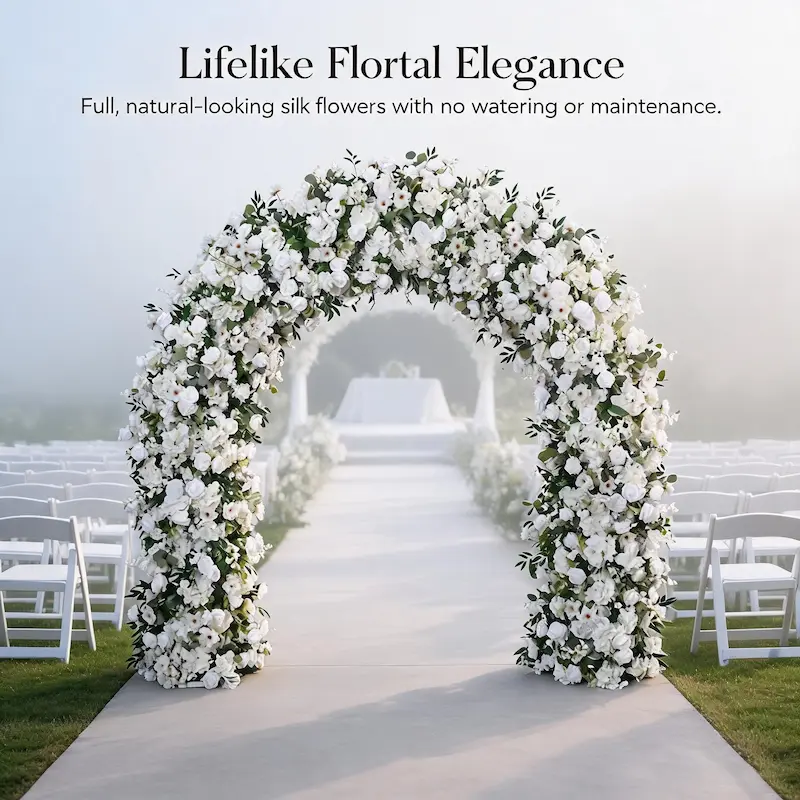 White & Green Flower Arch – Natural Rose Floral Arch with Eucalyptus Greenery for Outdoor Wedding Ceremony