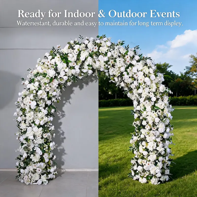 White & Green Flower Arch – Natural Rose Floral Arch with Eucalyptus Greenery for Outdoor Wedding Ceremony