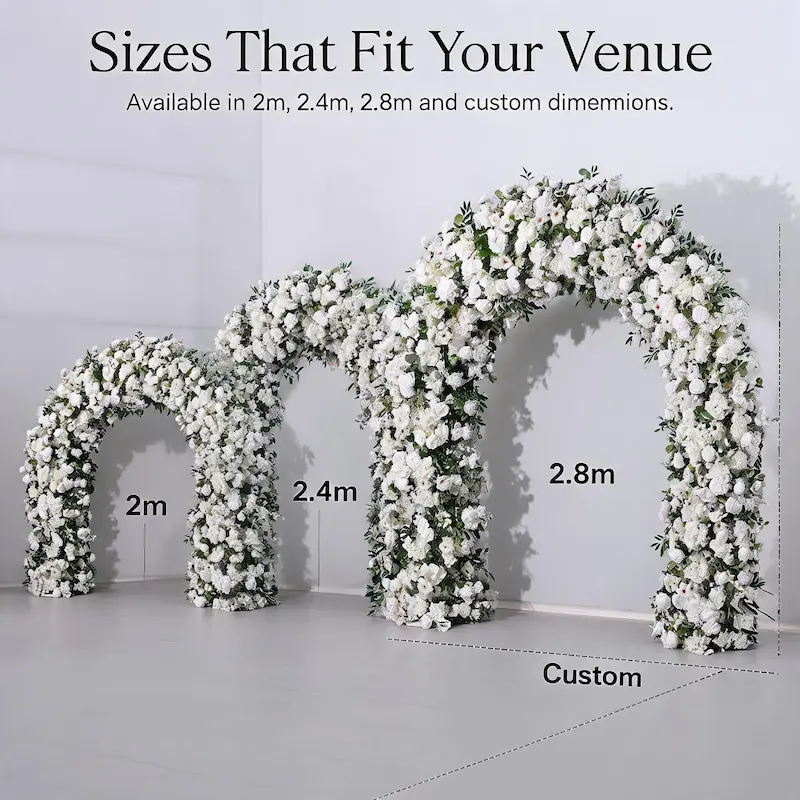 White & Green Flower Arch – Natural Rose Floral Arch with Eucalyptus Greenery for Outdoor Wedding Ceremony