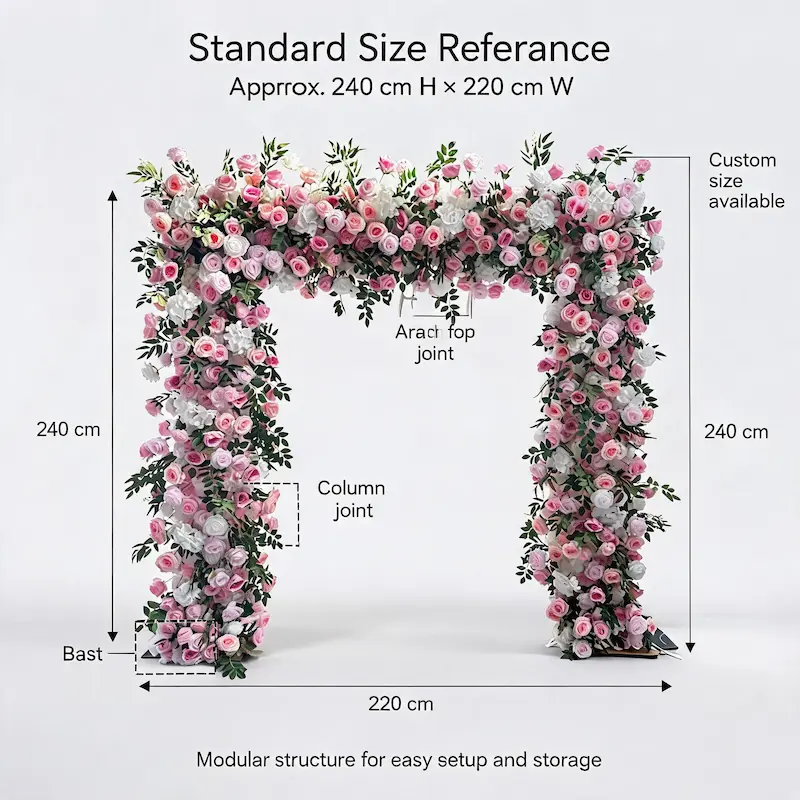 Pink & White Flower Arch – Romantic Rose Hydrangea Floral Arch with Metal Stand for Wedding Ceremony