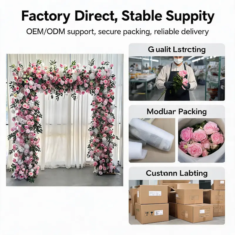 Pink & White Flower Arch – Romantic Rose Hydrangea Floral Arch with Metal Stand for Wedding Ceremony
