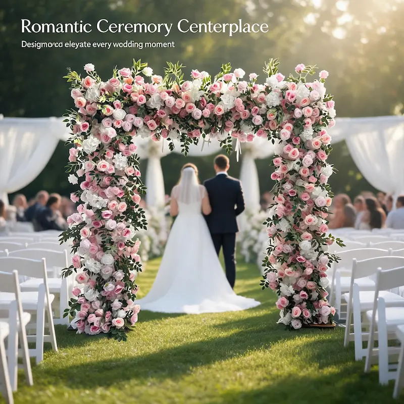 Pink & White Flower Arch – Romantic Rose Hydrangea Floral Arch with Metal Stand for Wedding Ceremony