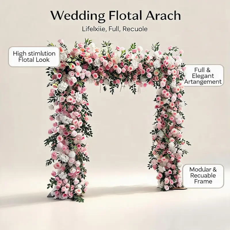 Pink & White Flower Arch – Romantic Rose Hydrangea Floral Arch with Metal Stand for Wedding Ceremony