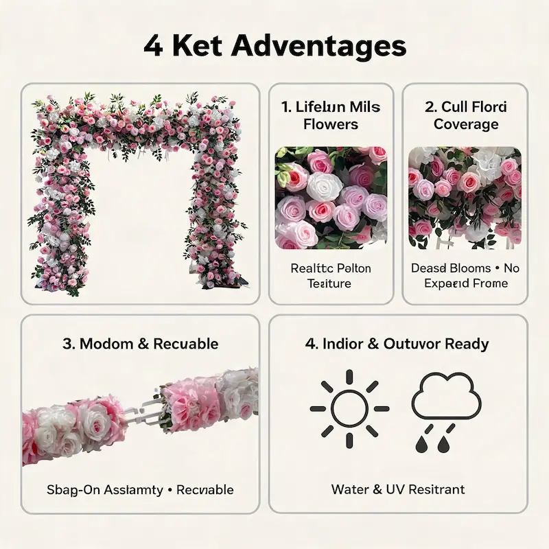 Pink & White Flower Arch – Romantic Rose Hydrangea Floral Arch with Metal Stand for Wedding Ceremony