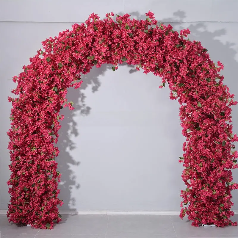 Burgundy Bougainvillea Flower Arch – Dense Floral Arch with Green Leaves for Wedding Ceremony