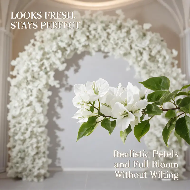 Burgundy Bougainvillea Flower Arch – Dense Floral Arch with Green Leaves for Wedding Ceremony