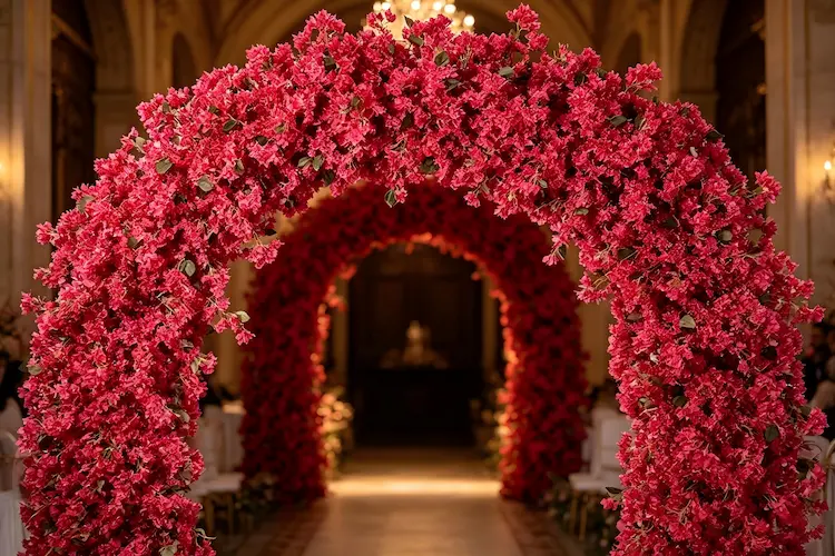 burgundy-bougainvillea-flower-arch-wedding-ceremony