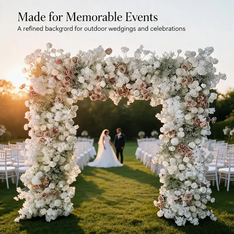 White & Dusty Rose Flower Arch – Elegant Floral Arch with Gypsophila for Wedding Ceremony