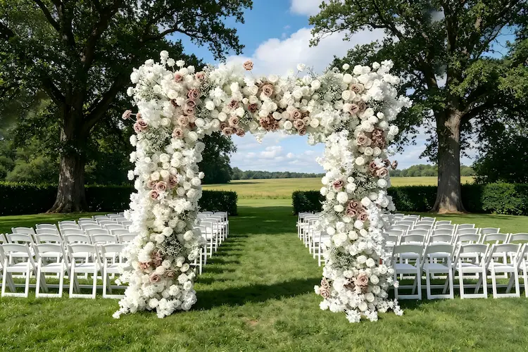 white dusty rose flower arch wedding ceremony backdrop