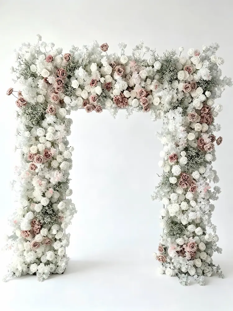 white and blush pink flower arch front view full display