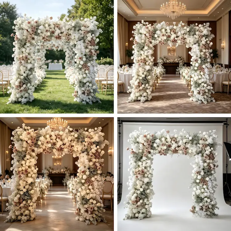dusty rose floral arch multiple event scenarios
