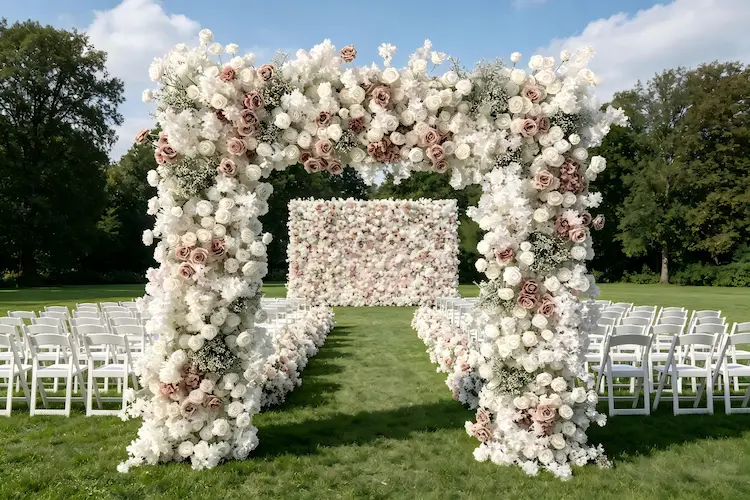 flower arch and flower wall matching wedding decor set