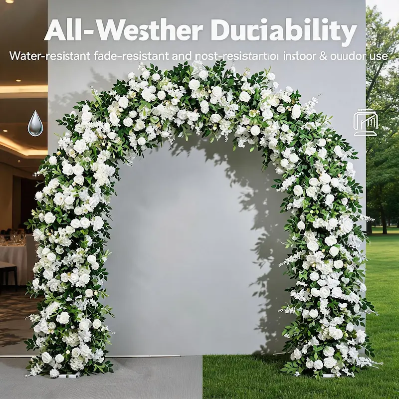 Lush Greenery Flower Arch – White Floral Arch with Abundant Leaves for Outdoor Wedding