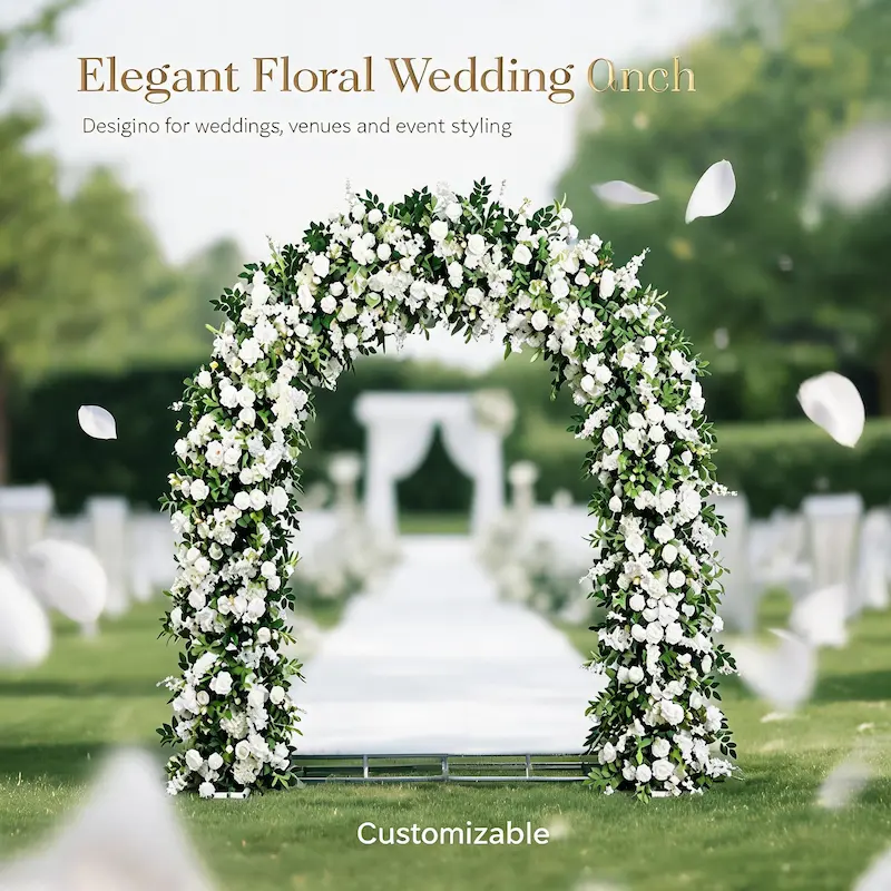 Lush Greenery Flower Arch – White Floral Arch with Abundant Leaves for Outdoor Wedding